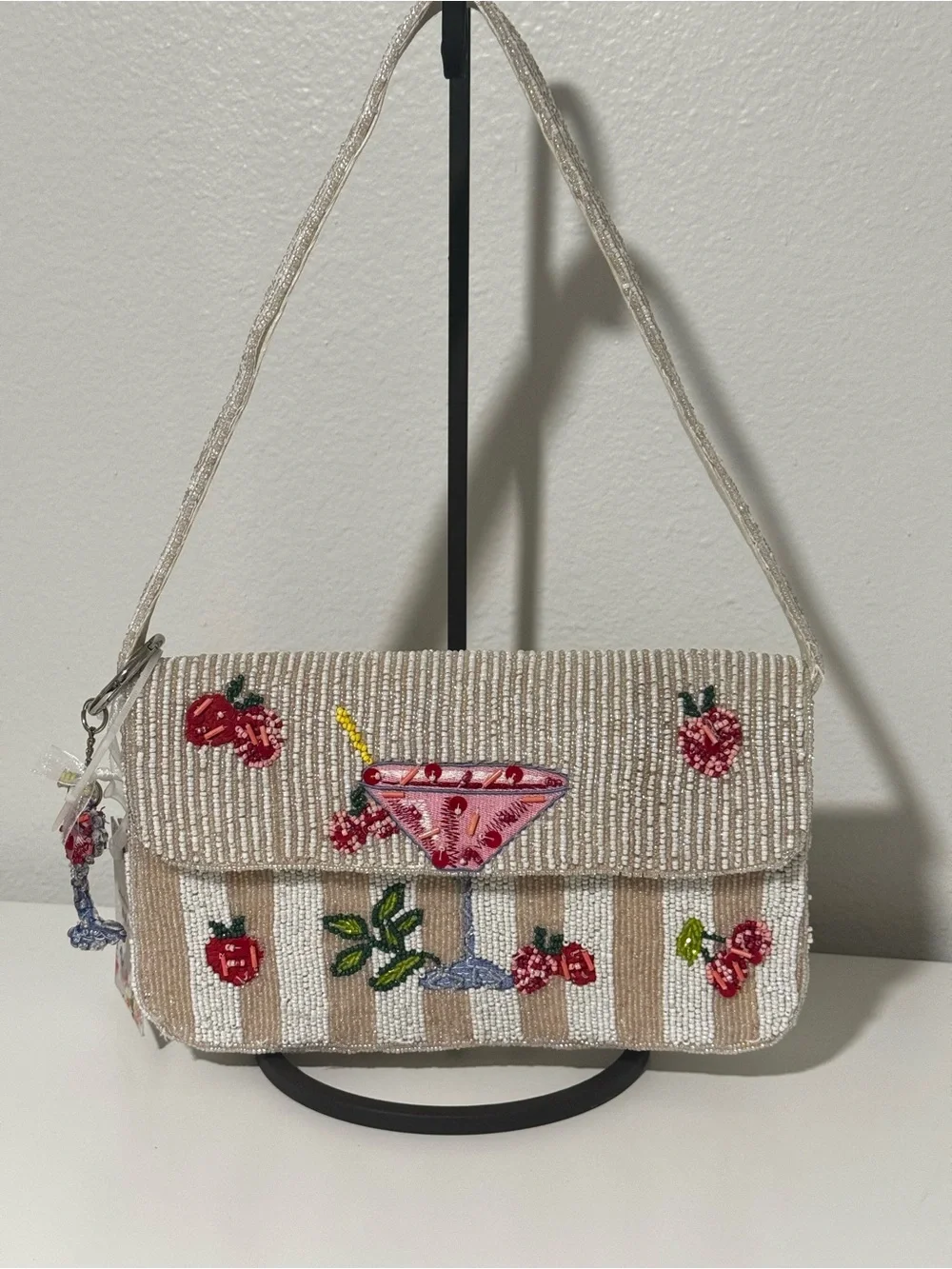 Beaded Cream Shoulder Bag with Fruit & Cocktail Motif